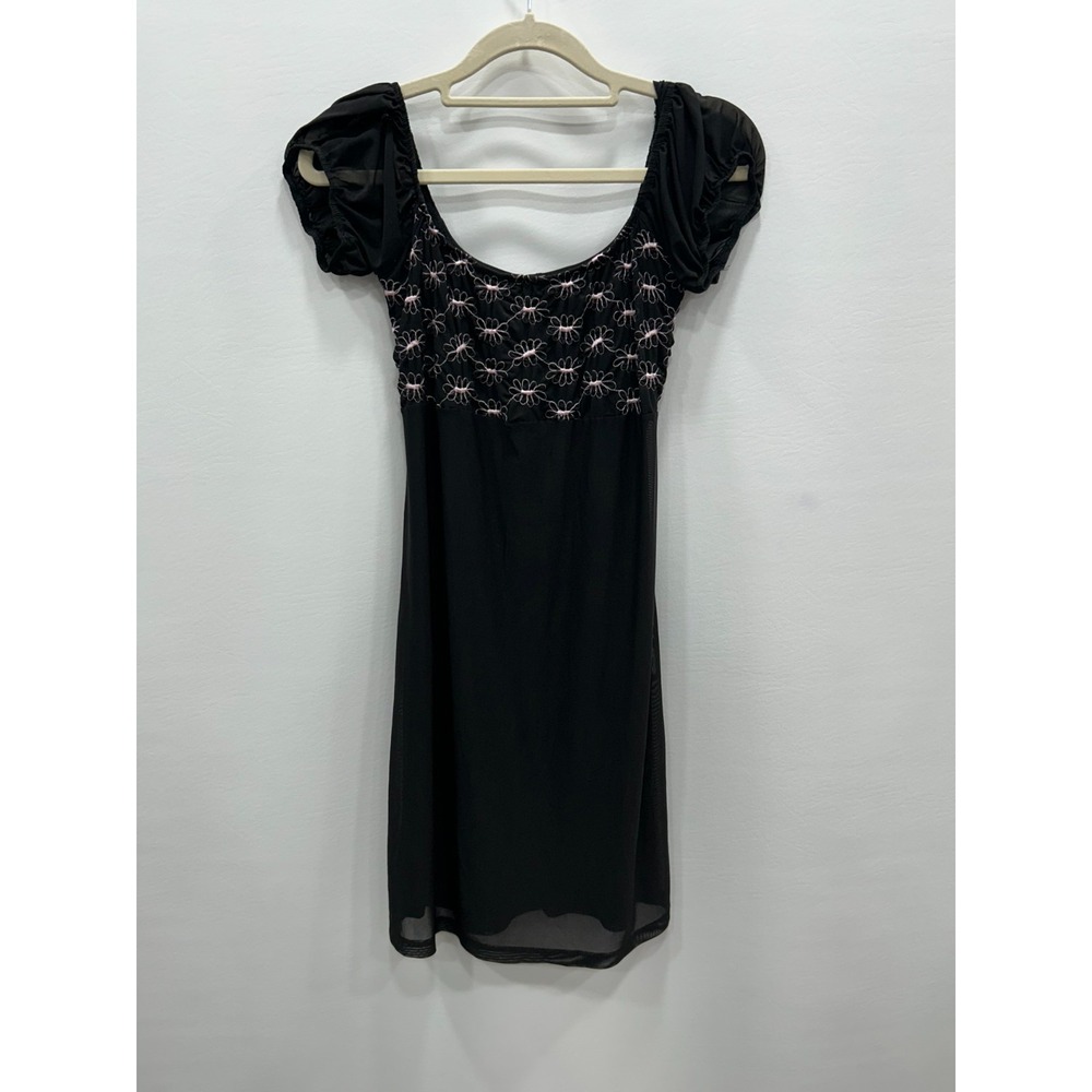Current Mood Babydoll Dress Womens M Embroidered Puff Sleeve Black Sheer Y2K